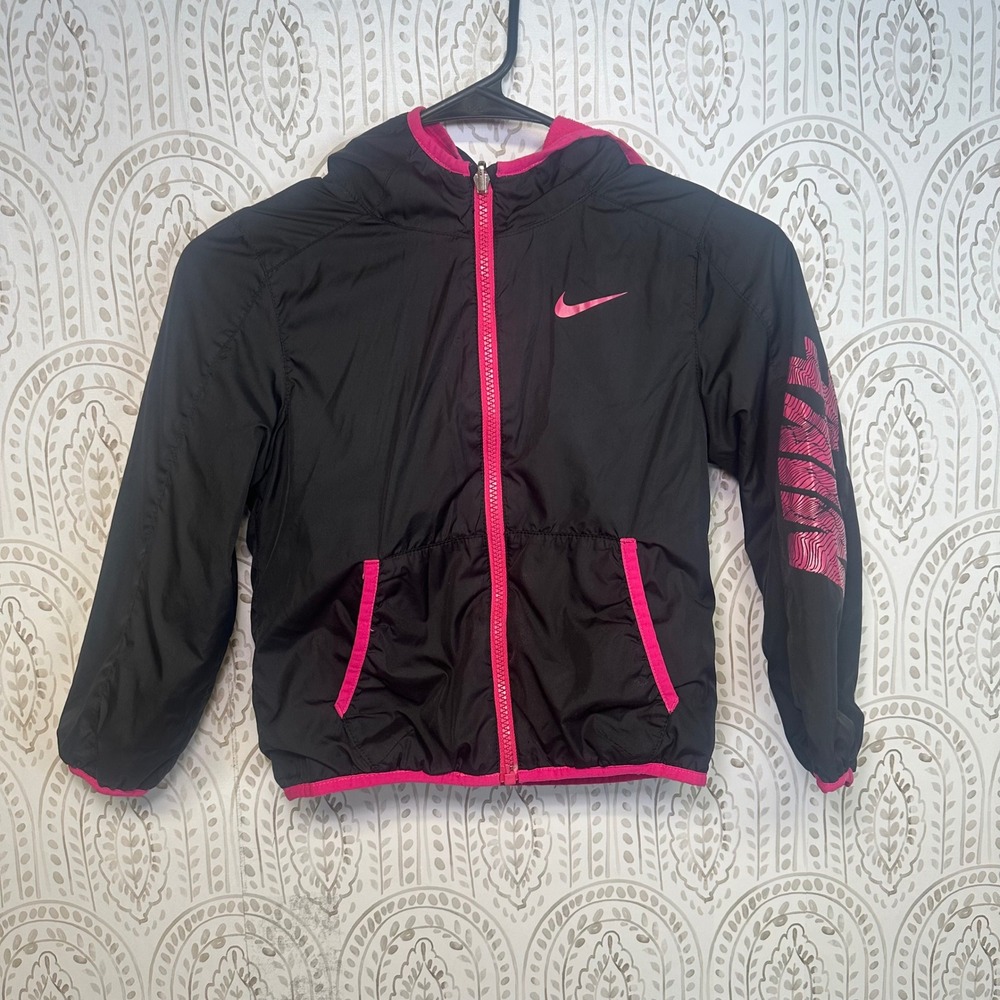 Kids Nike‎ Black Pink Hooded Windbreaker Jacket Size 6 reversible